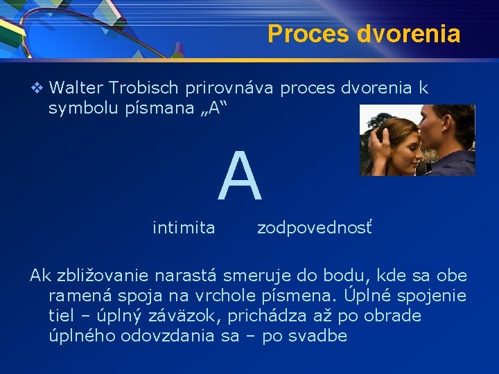 Proces dvorenia v Walter Trobisch prirovnáva proces dvorenia k symbolu písmana „A“ A intimita