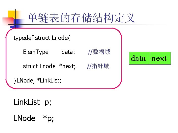 单链表的存储结构定义 typedef struct Lnode{ Elem. Type data; //数据域 struct Lnode *next; //指针域 }LNode, *Link.