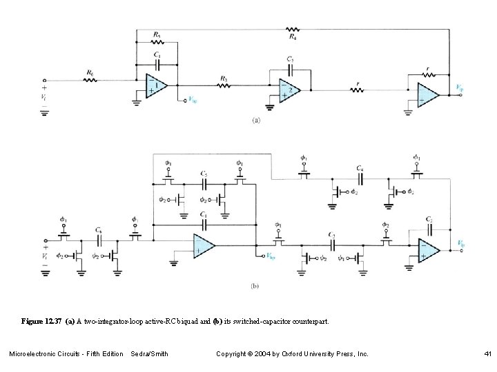 Figure 12. 37 (a) A two-integrator-loop active-RC biquad and (b) its switched-capacitor counterpart. Microelectronic