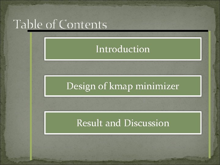 Table of Contents Introduction Design of kmap minimizer Result and Discussion 