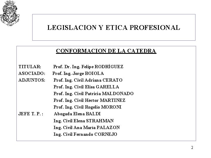LEGISLACION Y ETICA PROFESIONAL CONFORMACION DE LA CATEDRA TITULAR: ASOCIADO: ADJUNTOS: JEFE T. P.