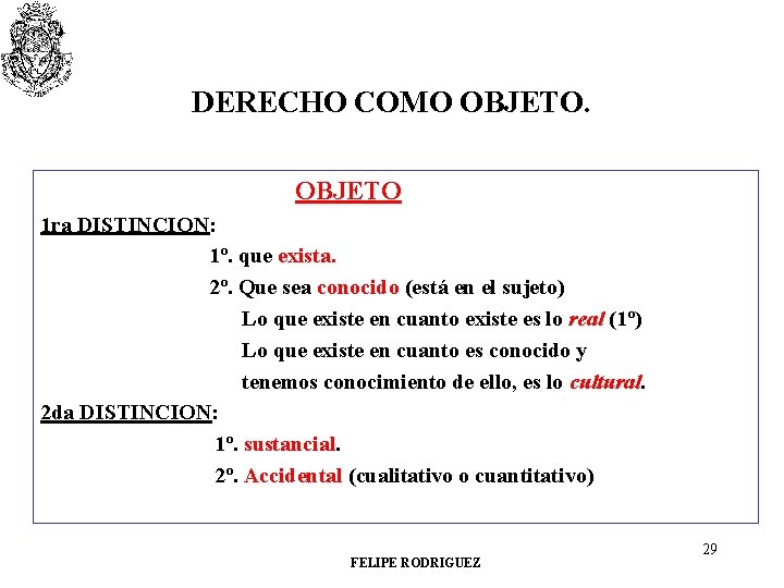 DERECHO COMO OBJETO 1 ra DISTINCION: 1º. que exista. 2º. Que sea conocido (está