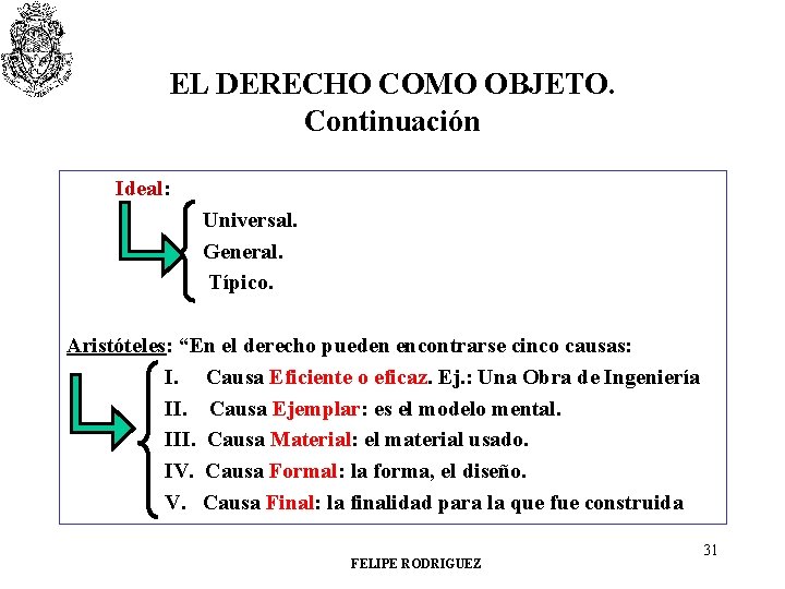 EL DERECHO COMO OBJETO. Continuación Ideal: Universal. General. Típico. Aristóteles: “En el derecho pueden