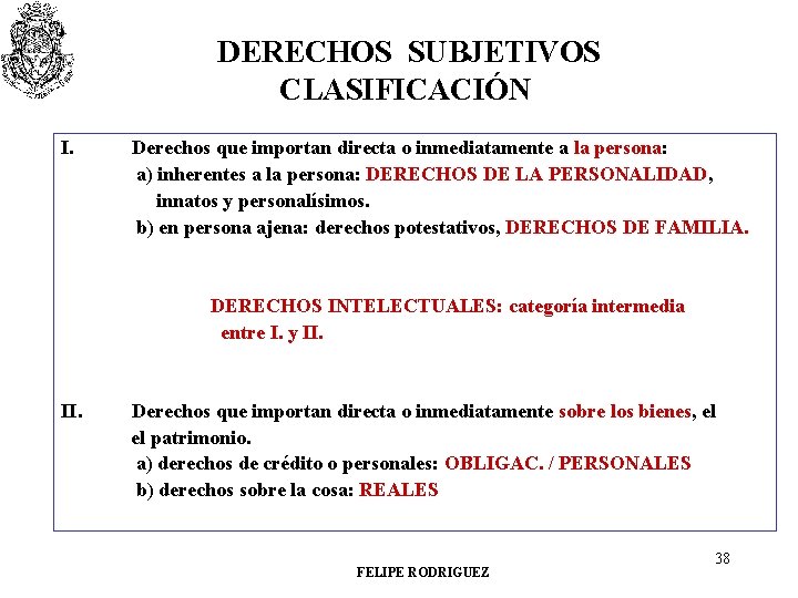 DERECHOS SUBJETIVOS CLASIFICACIÓN I. Derechos que importan directa o inmediatamente a la persona: a)