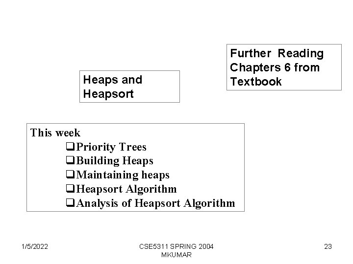 Heaps and Heapsort Further Reading Chapters 6 from Textbook This week q. Priority Trees