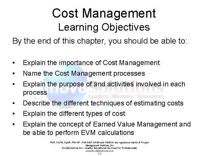 Cost Management Learning Objectives By the end of this chapter, you should be able