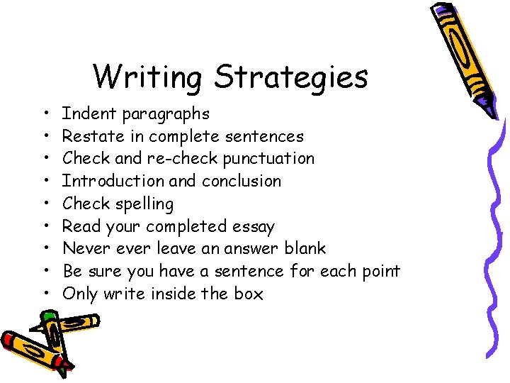 Writing Strategies • • • Indent paragraphs Restate in complete sentences Check and re-check Writing Strategies • • • Indent paragraphs Restate in complete sentences Check and re-check
