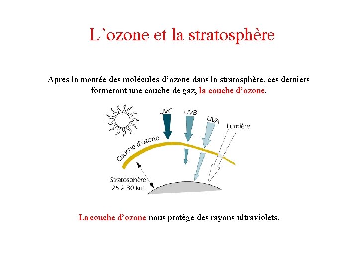 L’ozone et la stratosphère Apres la montée des molécules d’ozone dans la stratosphère, ces