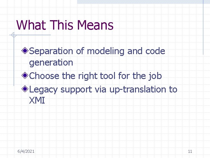 What This Means Separation of modeling and code generation Choose the right tool for