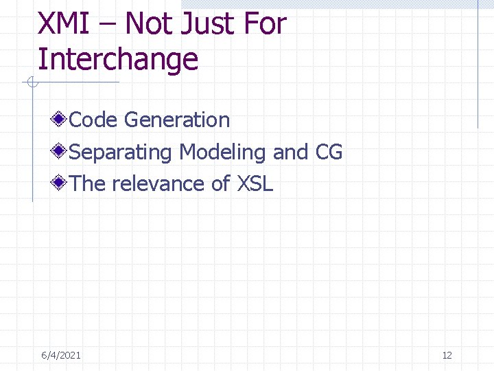 XMI – Not Just For Interchange Code Generation Separating Modeling and CG The relevance