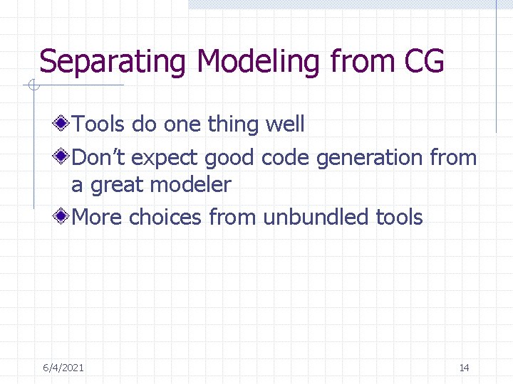 Separating Modeling from CG Tools do one thing well Don’t expect good code generation