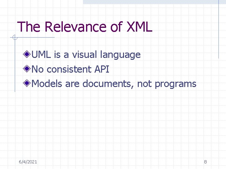 The Relevance of XML UML is a visual language No consistent API Models are