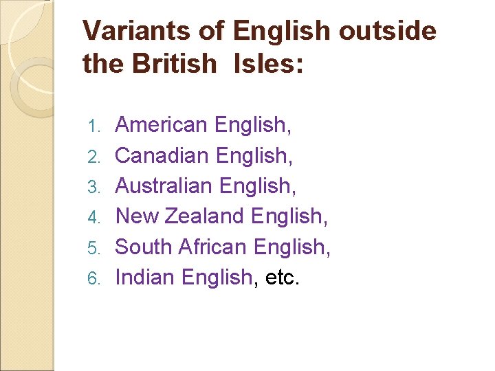 Variants of English outside the British Isles: 1. 2. 3. 4. 5. 6. American