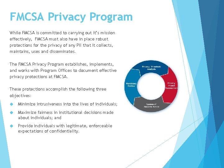 FMCSA Privacy Program While FMCSA is committed to carrying out it’s mission effectively, FMCSA