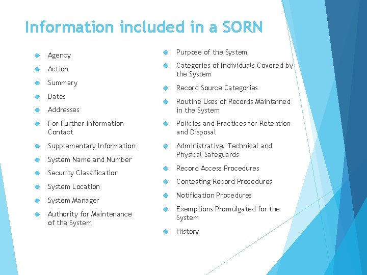 Information included in a SORN Agency Purpose of the System Action Categories of Individuals