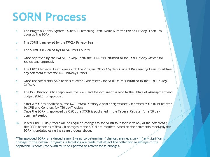 SORN Process 1. The Program Office/ System Owner/ Rulemaking Team works with the FMCSA