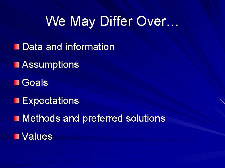 We May Differ Over… Data and information Assumptions Goals Expectations Methods and preferred solutions