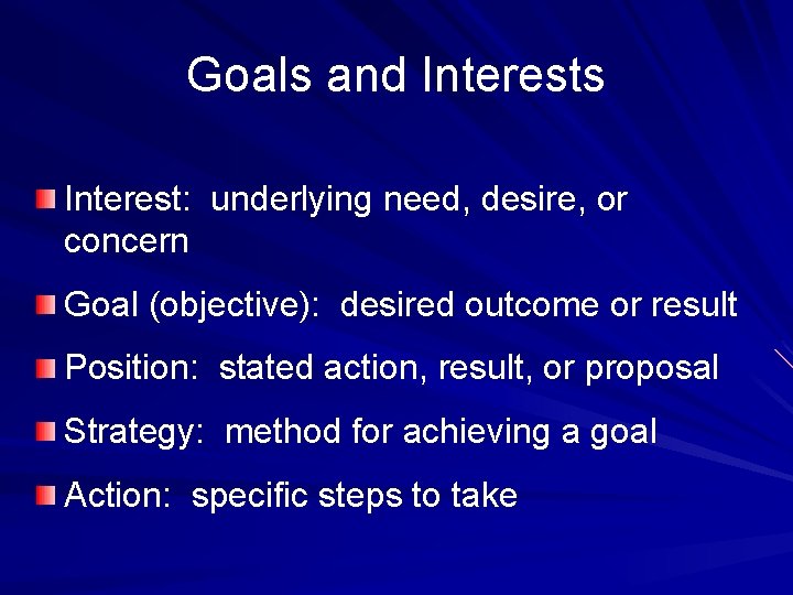 Goals and Interests Interest: underlying need, desire, or concern Goal (objective): desired outcome or