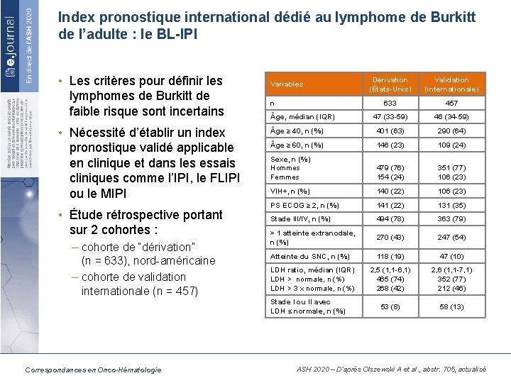 Index pronostique international dédié au lymphome de Burkitt de l’adulte : le BL-IPI •