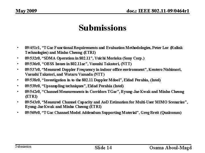 May 2009 doc. : IEEE 802. 11 -09/0464 r 1 Submissions • • •