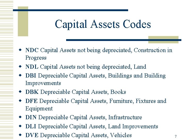 Capital Assets Codes w NDC Capital Assets not being depreciated, Construction in Progress w