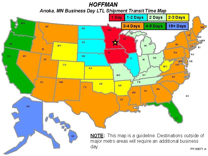 HOFFMAN Anoka, MN Business Day LTL Shipment Transit Time Map 1 Day WA MT