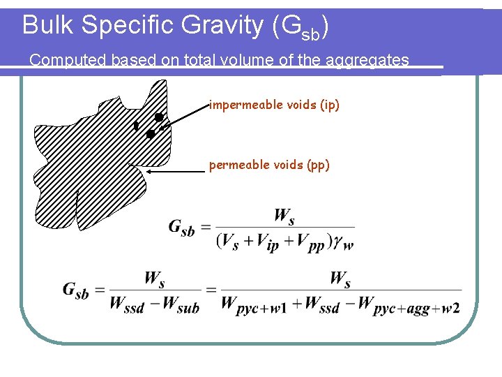 Bulk Specific Gravity (Gsb) Computed based on total volume of the aggregates impermeable voids