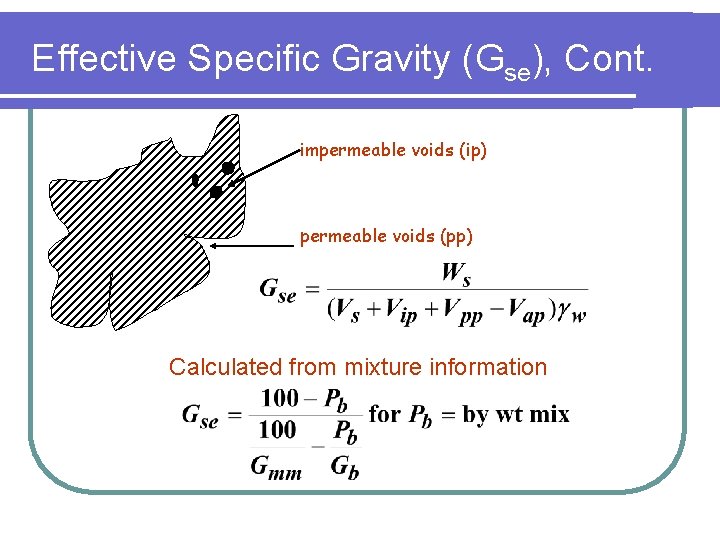 Effective Specific Gravity (Gse), Cont. impermeable voids (ip) permeable voids (pp) Calculated from mixture