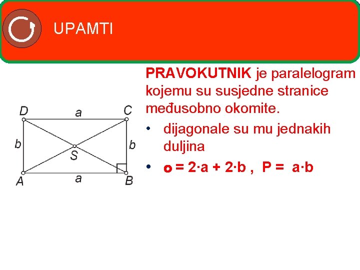 UPAMTI PRAVOKUTNIK je paralelogram kojemu su susjedne stranice međusobno okomite. • dijagonale su mu