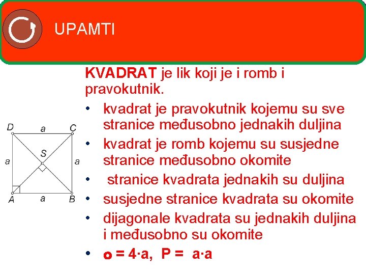 UPAMTI KVADRAT je lik koji je i romb i pravokutnik. • kvadrat je pravokutnik