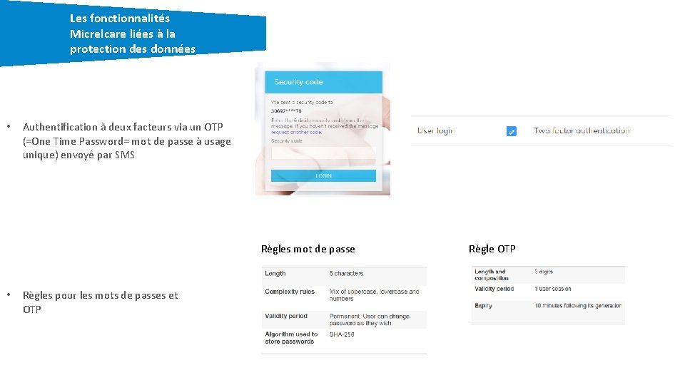 Les fonctionnalités Micrelcare liées à la protection des données • Authentification à deux facteurs