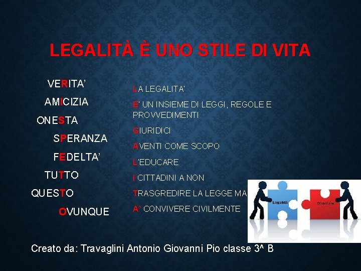 LEGALITÀ È UNO STILE DI VITA VERITA’ AMICIZIA ONESTA SPERANZA FEDELTA’ TUTTO QUESTO OVUNQUE