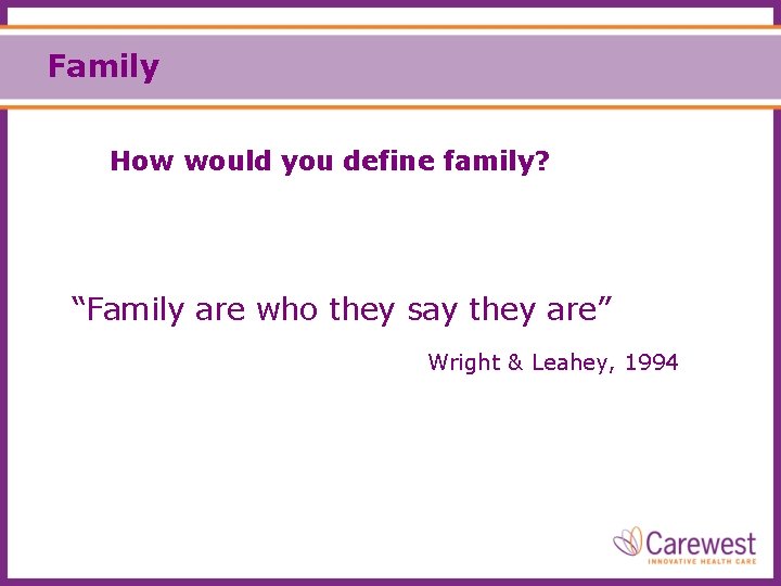 Family How would you define family? “Family are who they say they are” Wright