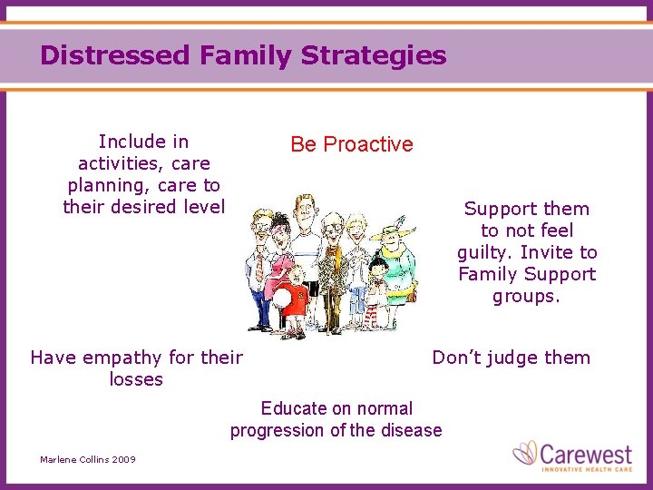 Distressed Family Strategies Include in activities, care planning, care to their desired level Be