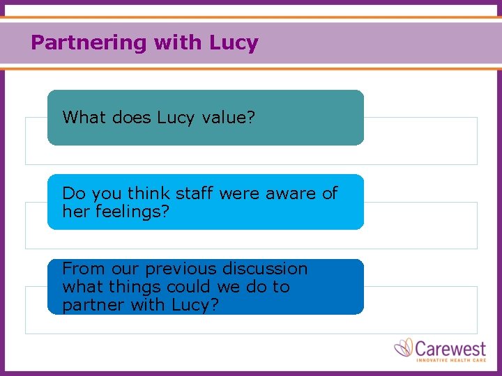 Partnering with Lucy What does Lucy value? Do you think staff were aware of