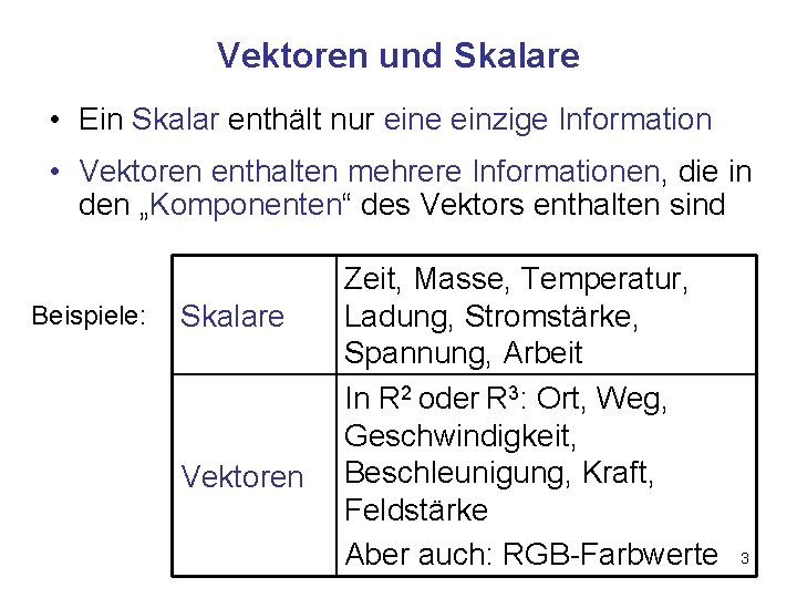 Vektoren und Skalare • Ein Skalar enthält nur eine einzige Information • Vektoren enthalten