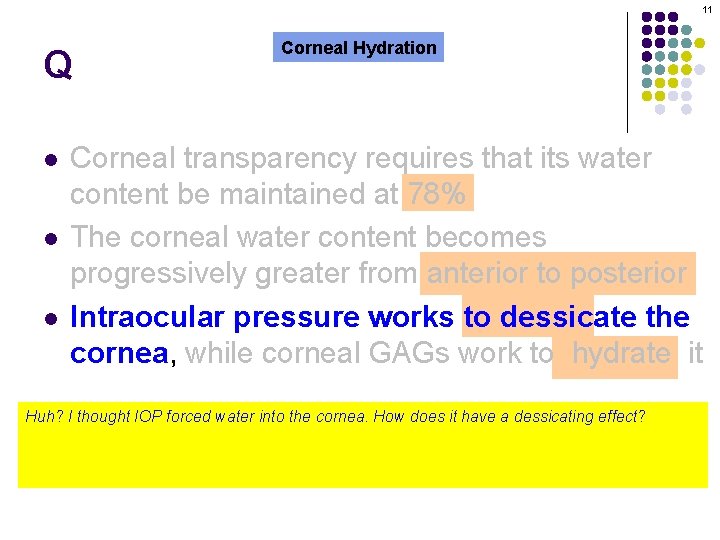 11 Q Corneal Hydration Corneal transparency requires that its water content be maintained at