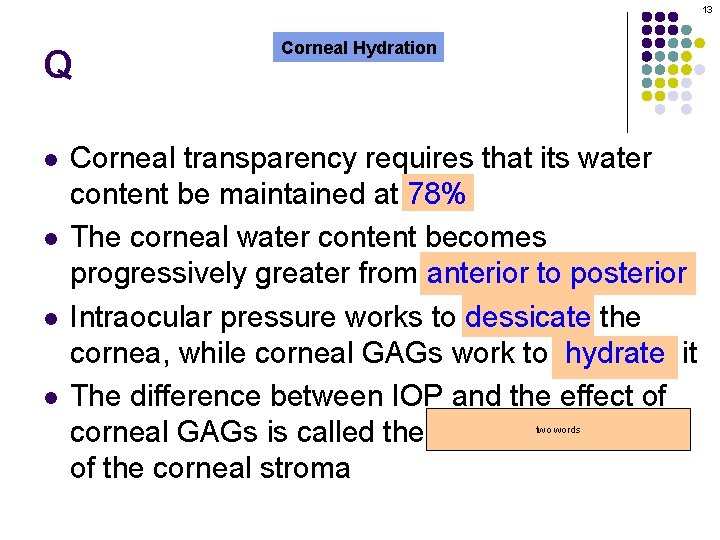 13 Q l l Corneal Hydration Corneal transparency requires that its water content be