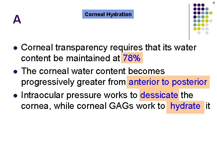 6 A l l Corneal Hydration Corneal transparency requires that its water content be