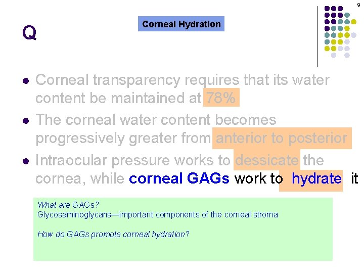 9 Q l l Corneal Hydration Corneal transparency requires that its water content be