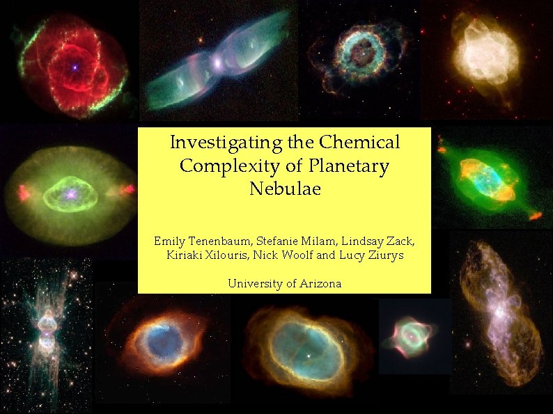 Investigating the Chemical Complexity of Planetary Nebulae Emily Tenenbaum, Stefanie Milam, Lindsay Zack, Kiriaki