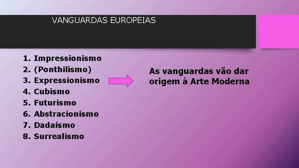 VANGUARDAS EUROPEIAS 1. 2. 3. 4. 5. 6. 7. 8. Impressionismo (Ponthilismo) Expressionismo Cubismo