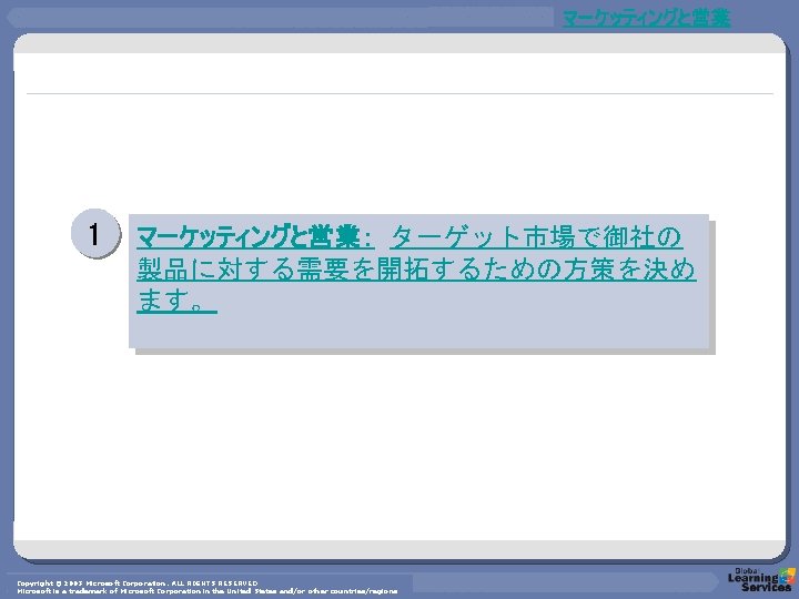 マーケッティングと営業 1 マーケッティングと営業： ターゲット市場で御社の 製品に対する需要を開拓するための方策を決め ます。 Copyright © 2003 Microsoft Corporation. ALL RIGHTS RESERVED