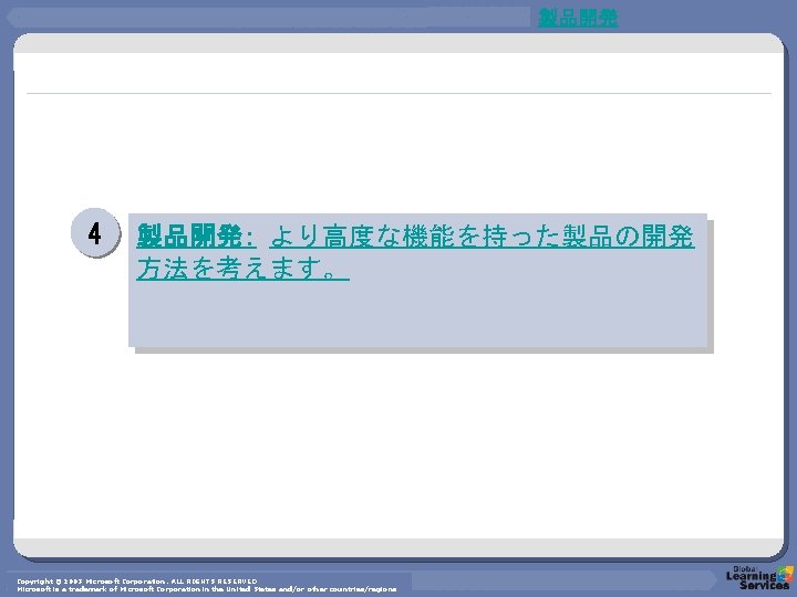 製品開発 4 製品開発： より高度な機能を持った製品の開発 方法を考えます。 Copyright © 2003 Microsoft Corporation. ALL RIGHTS RESERVED Microsoft