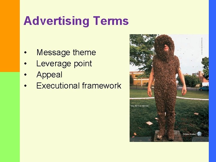 Advertising Terms • • Message theme Leverage point Appeal Executional framework 