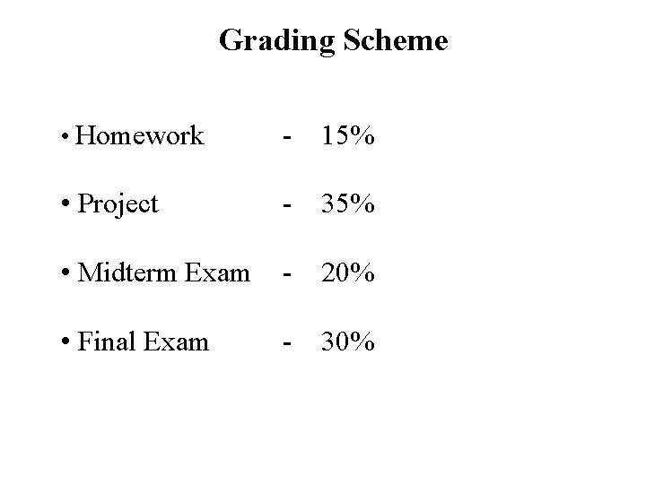 Grading Scheme • Homework - 15% • Project - 35% • Midterm Exam -