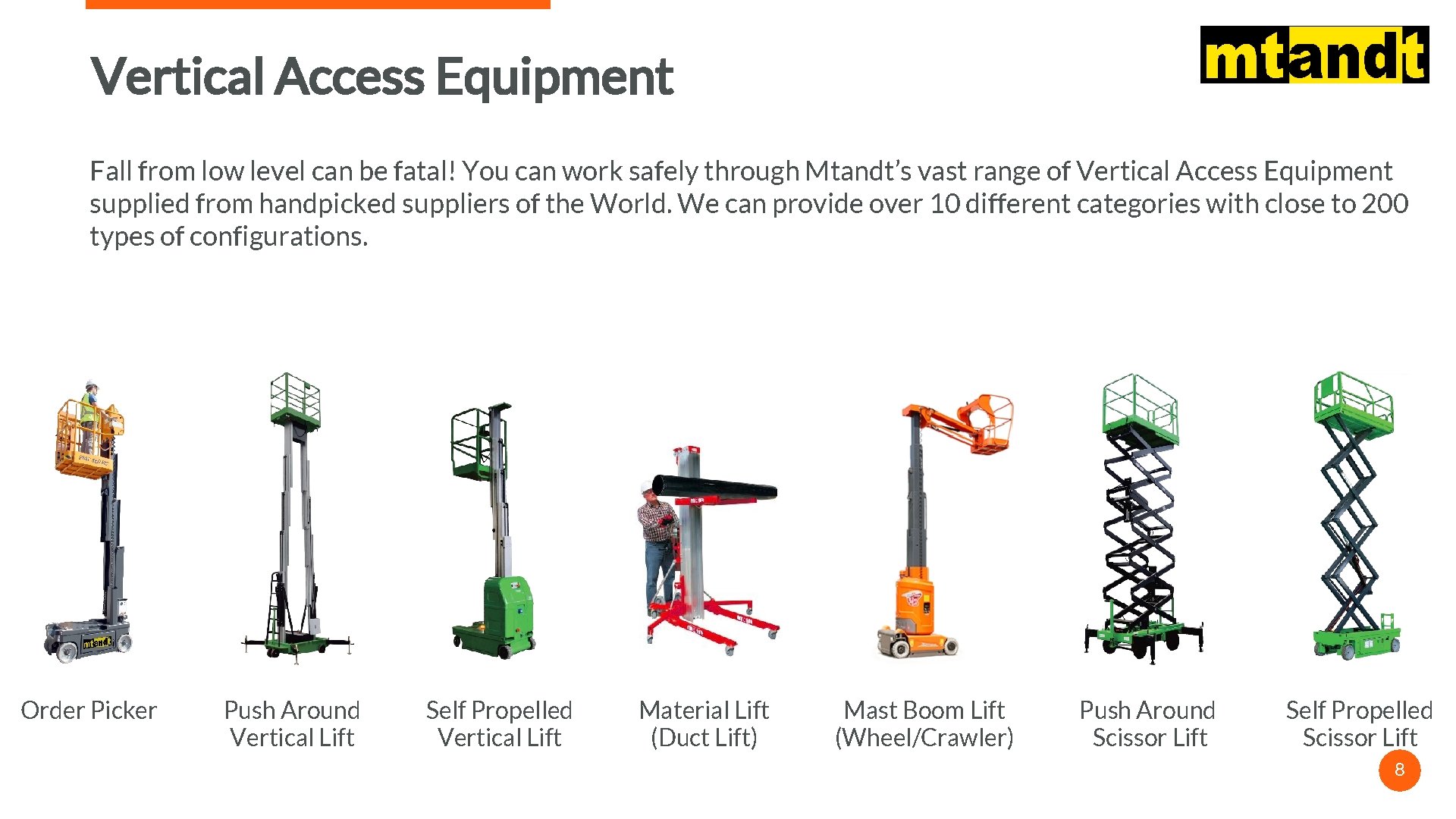 Vertical Access Equipment Fall from low level can be fatal! You can work safely