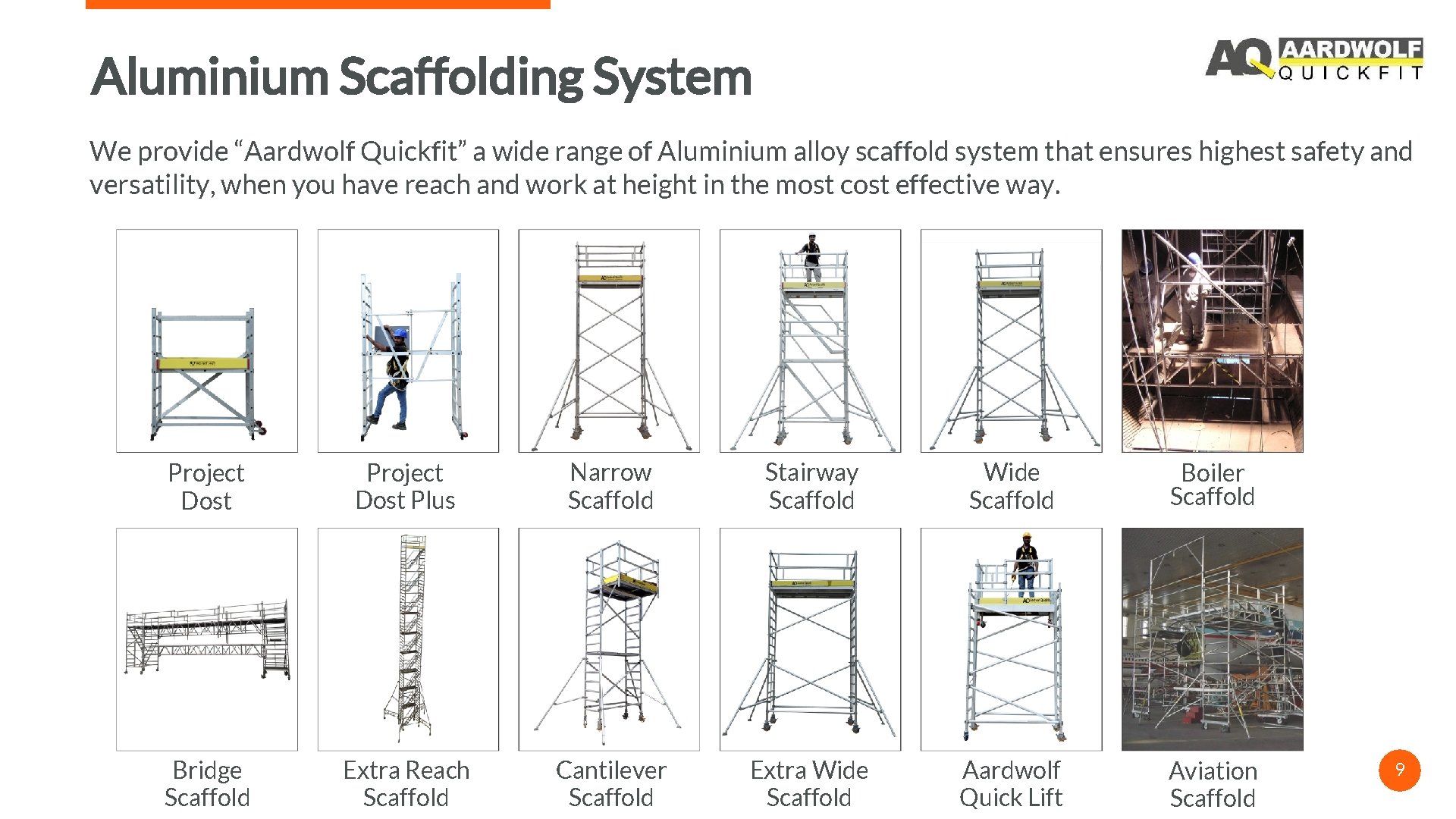 Aluminium Scaffolding System We provide “Aardwolf Quickfit” a wide range of Aluminium alloy scaffold