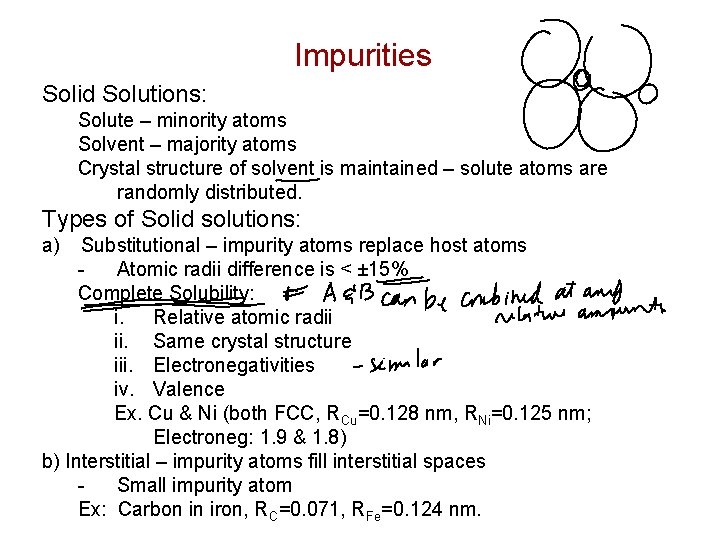 Impurities Solid Solutions: Solute – minority atoms Solvent – majority atoms Crystal structure of