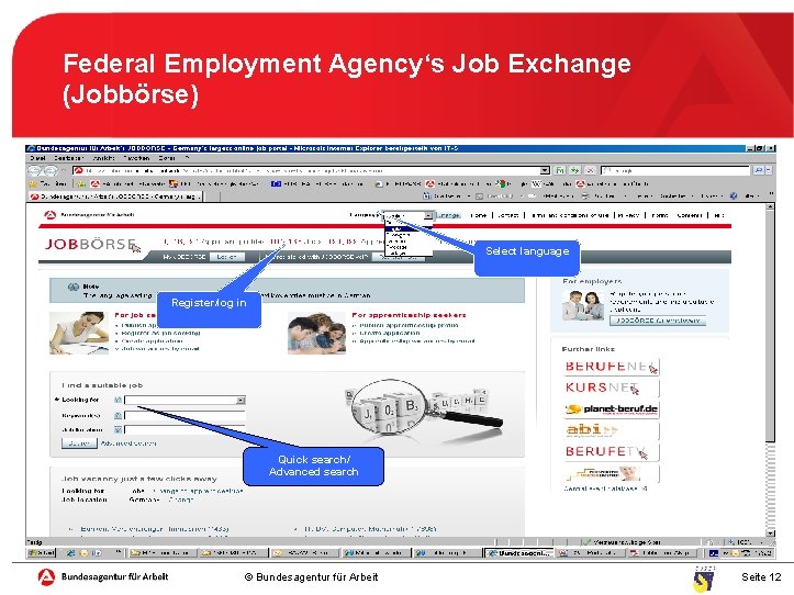 Federal Employment Agency‘s Job Exchange (Jobbörse) Select language Register/log in Quick search/ Advanced search